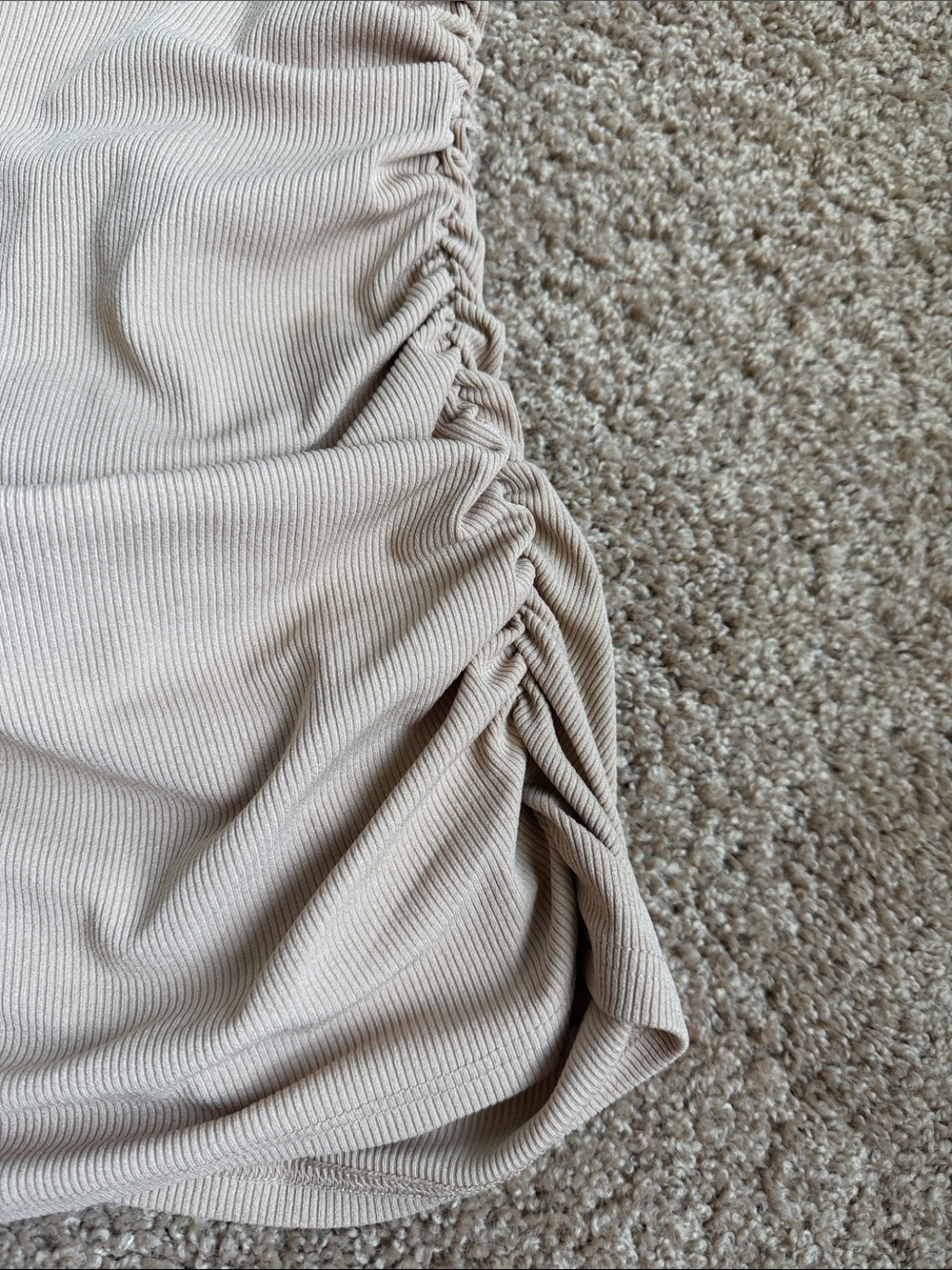 Sleeveless Beige Ribbed Cutout Ruched Mini Dress - Picture 2 of 7